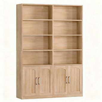 6 tier Double Wide Oak Bookshelf with Doors for Home Office and Living Room
