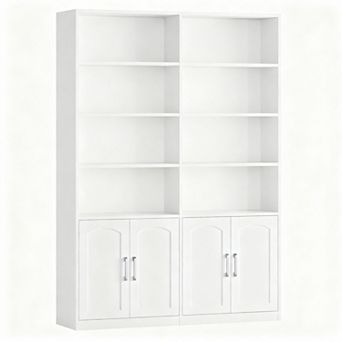 6 tier Double Wide Oak Bookshelf with Doors for Home Office and Living Room