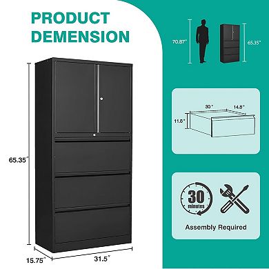 3-Drawer Metal File Cabinet with Lock, Silent Rails, and Adjustable Shelves