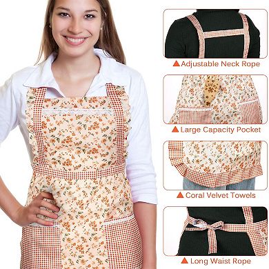 3 Women Floral Aprons, Adjustable, Pockets, Cooking, Baking, Gardening