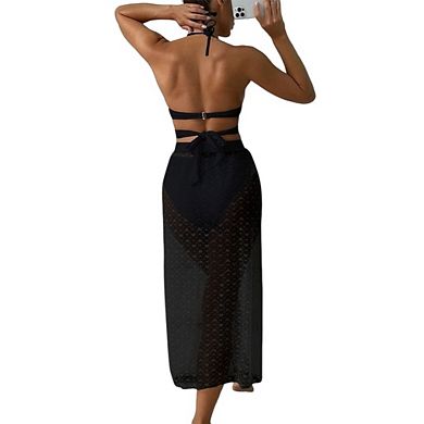 Womens 3 Piece Bikini Set with Long Sarong Split Cover Up Backless Swimsuit Criss Cross Bathing Suit