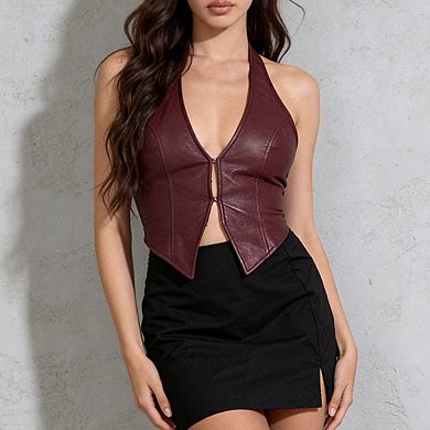 Women's Halter Neck Sleeveless Cropped Top Faux Leather Zip Front Vest