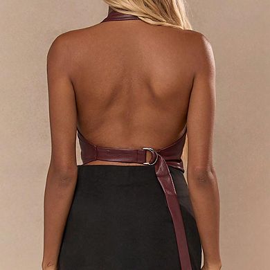 Women's Halter Neck Sleeveless Cropped Top Faux Leather Zip Front Vest