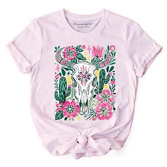 Western Floral Cow Skull T-Shirt, Boho Cowgirl Wildflower Cactus Tee