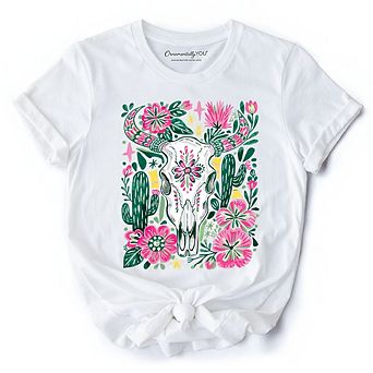 Western Floral Cow Skull T-Shirt, Boho Cowgirl Wildflower Cactus Tee