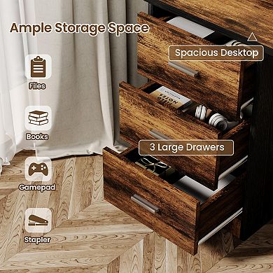 47-inch modern computer desk, suitable for office or bedroom, with 3 drawers and shelves