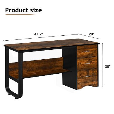47-inch modern computer desk, suitable for office or bedroom, with 3 drawers and shelves