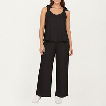 Women's Plus Size Sleeveless Wide Leg Pajama Sets with Tie Shoulder Straps Relaxed Fit Silhouette