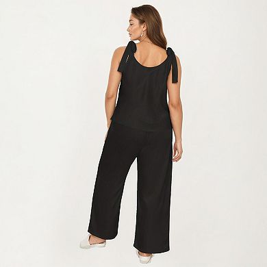 Women's Plus Size Sleeveless Wide Leg Pajama Sets with Tie Shoulder Straps Relaxed Fit Silhouette