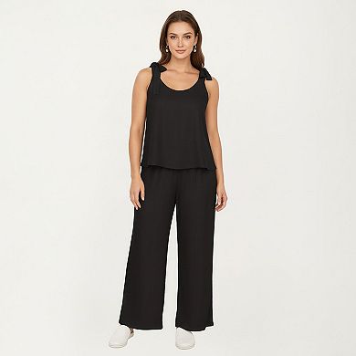 Women's Plus Size Sleeveless Wide Leg Pajama Sets with Tie Shoulder Straps Relaxed Fit Silhouette