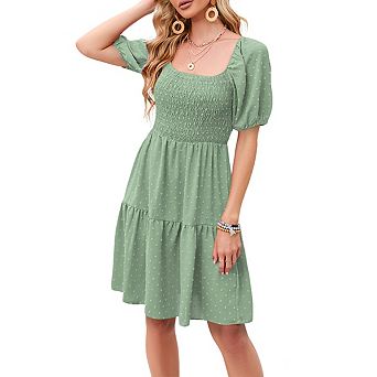 Women's Square Neck Tiered Midi Dress Smocked Puff Short Sleeve Swiss Dot Lightweight Dresses