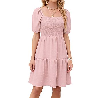 Women's Square Neck Tiered Midi Dress Smocked Puff Short Sleeve Swiss Dot Lightweight Dresses