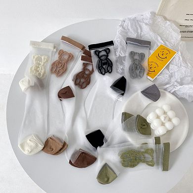 Women's 3-Pair Sheer Ankle Socks with Embroidered Bear Detail Lightweight Mesh Sock Set