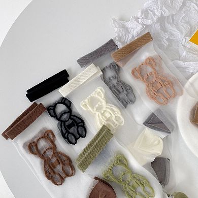 Women's 3-Pair Sheer Ankle Socks with Embroidered Bear Detail Lightweight Mesh Sock Set