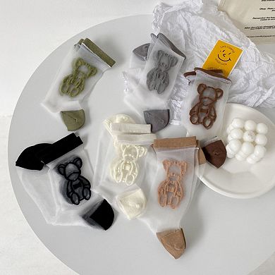 Women's 3-Pair Sheer Ankle Socks with Embroidered Bear Detail Lightweight Mesh Sock Set