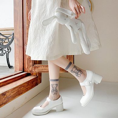 Women's 3-Pair Sheer Ankle Socks with Embroidered Bear Detail Lightweight Mesh Sock Set