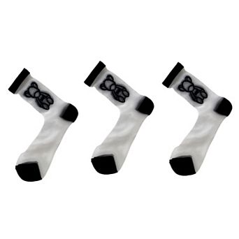 Women's 3-Pair Sheer Ankle Socks with Embroidered Bear Detail Lightweight Mesh Sock Set