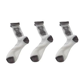 Women's 3-Pair Sheer Ankle Socks with Embroidered Bear Detail Lightweight Mesh Sock Set