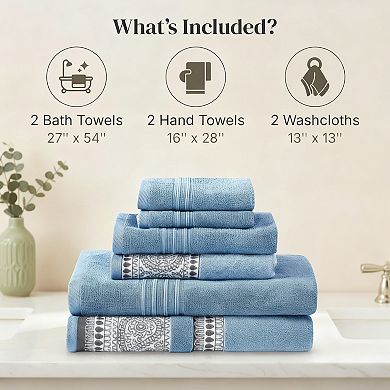 6 Piece Cotton Towel Set: 2 Bath, 2 Hand, 2 Washcloths