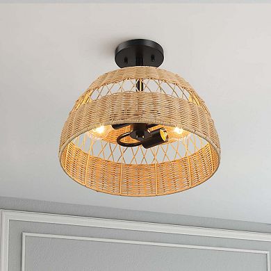 ELEMENT ACE Double Lights Semi Flush Ceiling Fixture with Rattan Shade