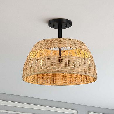 ELEMENT ACE Double Lights Semi Flush Ceiling Fixture with Rattan Shade
