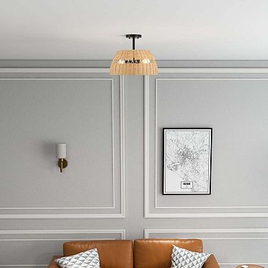 ELEMENT ACE Double Lights Semi Flush Ceiling Fixture with Rattan Shade