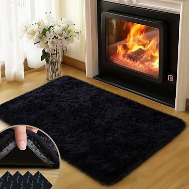 Soft Black Shag Area Rug 2x3, Fluffy Non-Slip Rug for Bedroom