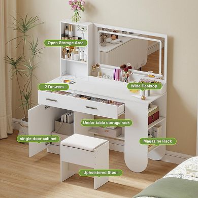 47" Vanity Desk with Mirror, LED Lights, 2 Drawers, 3 Shelves, & Cabinet