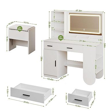 47" Vanity Desk with Mirror, LED Lights, 2 Drawers, 3 Shelves, & Cabinet