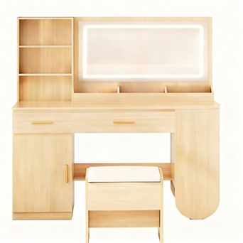 47" Vanity Desk with Mirror, LED Lights, 2 Drawers, 3 Shelves, & Cabinet