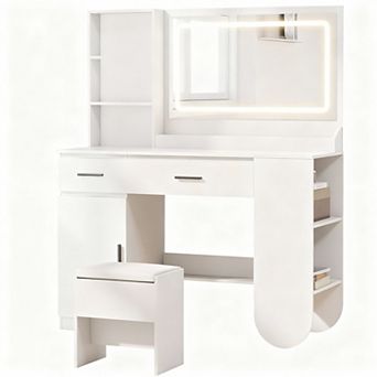 47" Vanity Desk with Mirror, LED Lights, 2 Drawers, 3 Shelves, & Cabinet