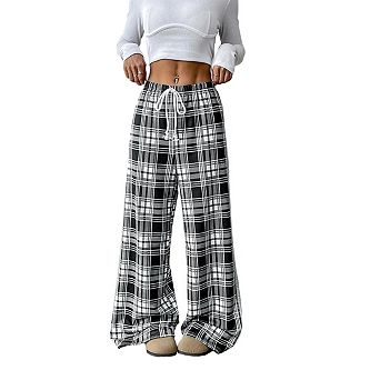 Women's Gingham Pants Plaid Casual Pajama Drawstring Wide Leg Sweatpants Long Trousers with Pockets