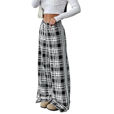 Women's Gingham Pants Plaid Casual Pajama Drawstring Wide Leg Sweatpants Long Trousers with Pockets