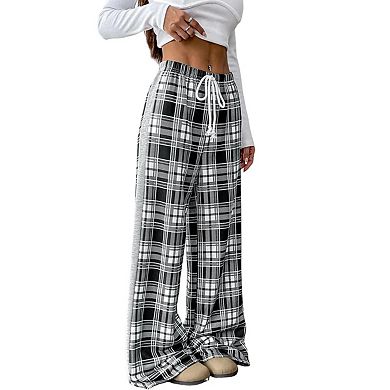 Women's Gingham Pants Plaid Casual Pajama Drawstring Wide Leg Sweatpants Long Trousers with Pockets
