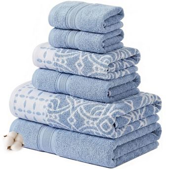 6 pc Cotton Towel Set - Soft, Absorbent, Quick Dry, Reversible Jacquard Design