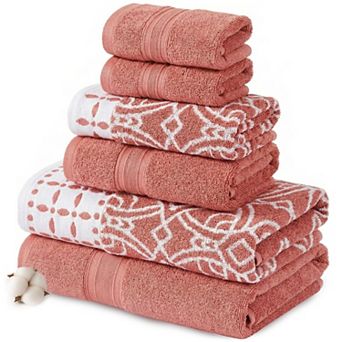 6 pc Cotton Towel Set - Soft, Absorbent, Quick Dry, Reversible Jacquard Design