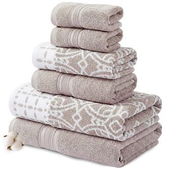 6 pc Cotton Towel Set - Soft, Absorbent, Quick Dry, Reversible Jacquard Design