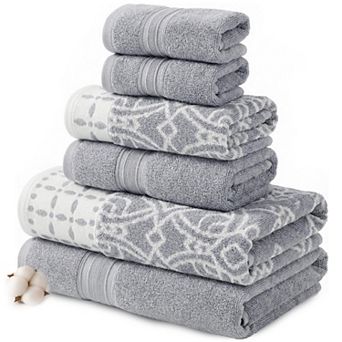 6 pc Cotton Towel Set - Soft, Absorbent, Quick Dry, Reversible Jacquard Design