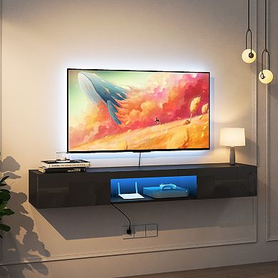 GOODSILO Wall Mounted Floating TV Stand with LED Lighting and Storage Cabinet