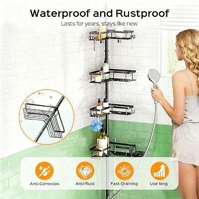 4-Tier Rustproof Shower Organizer with Hooks & Soap Dish - No-Tools, Adjustable for Renters