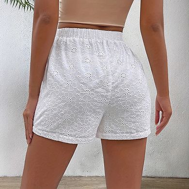 Women's Embroidered Shorts Elastic Waistband Relaxed Lightweight Casual Shorts