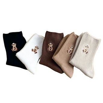Women's 5-Pair Ribbed Crew Socks with Embroidered Teddy Bear Soft Knit Everyday Comfort Sock Set