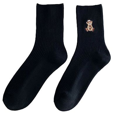 Women's 5-Pair Ribbed Crew Socks with Embroidered Teddy Bear Soft Knit Everyday Comfort Sock Set
