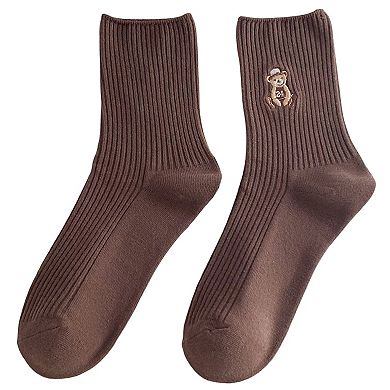 Women's 5-Pair Ribbed Crew Socks with Embroidered Teddy Bear Soft Knit Everyday Comfort Sock Set
