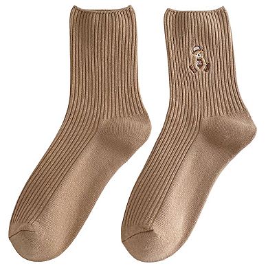 Women's 5-Pair Ribbed Crew Socks with Embroidered Teddy Bear Soft Knit Everyday Comfort Sock Set