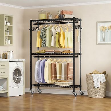 Adjustable Heavy Duty Metal Wardrobe Storage Rack with Lockable Wheels