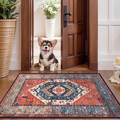 2x3 Rust Boho Rug, Non-Slip, Washable, Soft Low-Pile Indoor Mat