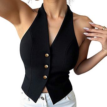 Women's Halter Neck Sleeveless Vest Button Down Asymmetric Hem Tops