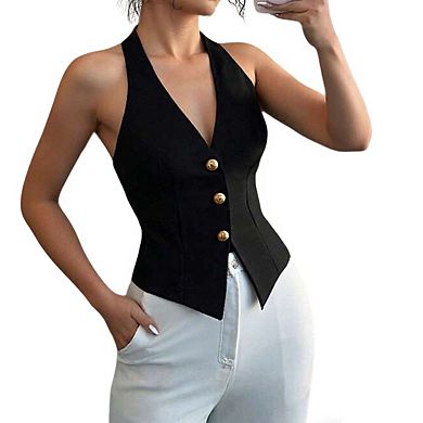 Women's Halter Neck Sleeveless Vest Button Down Asymmetric Hem Tops