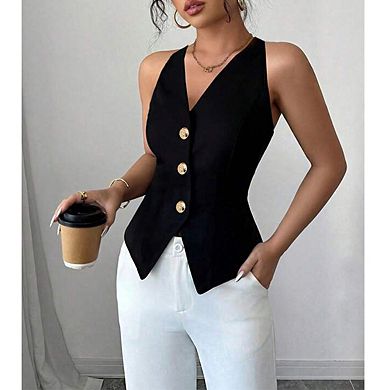 Women's Halter Neck Sleeveless Vest Button Down Asymmetric Hem Tops